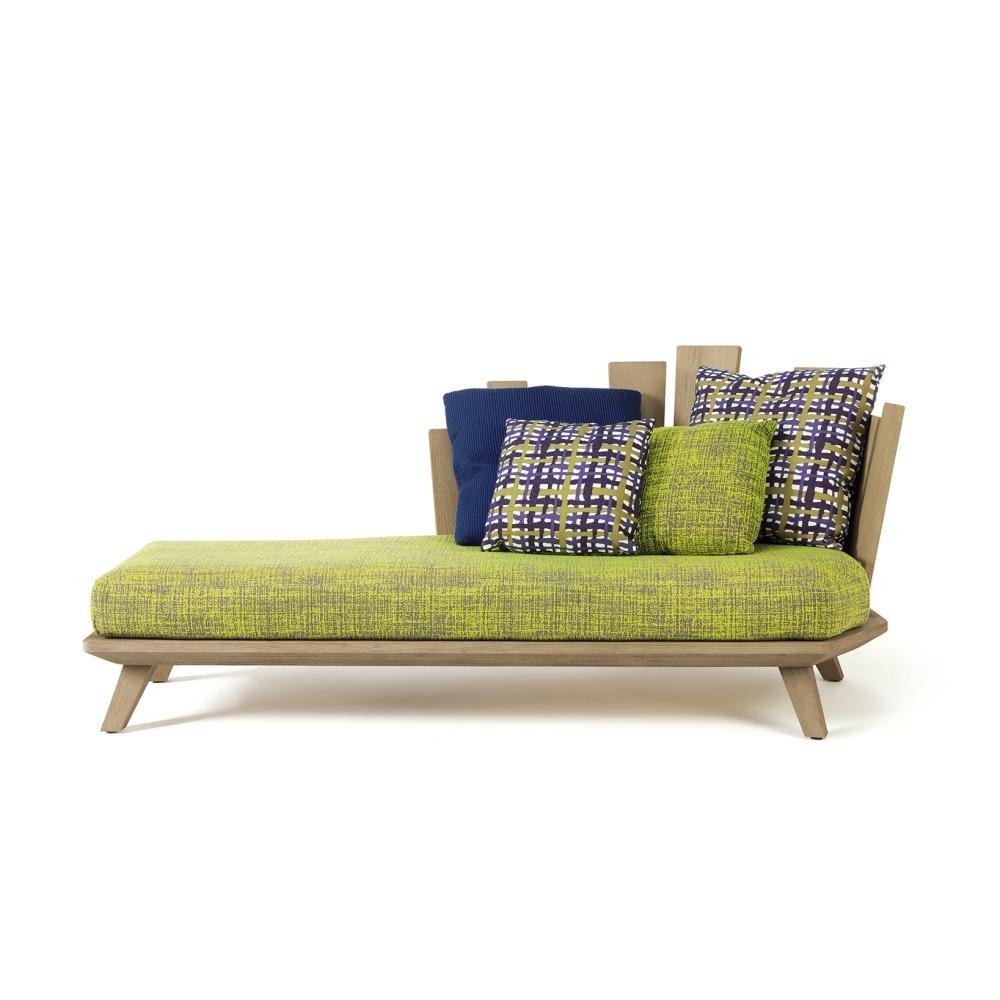 Asymmetrical Daybed Right Corner with Pickled Teak Frame and Lime Cushions | Luxury Outdoor Furniture | Designed and Made in Italy.