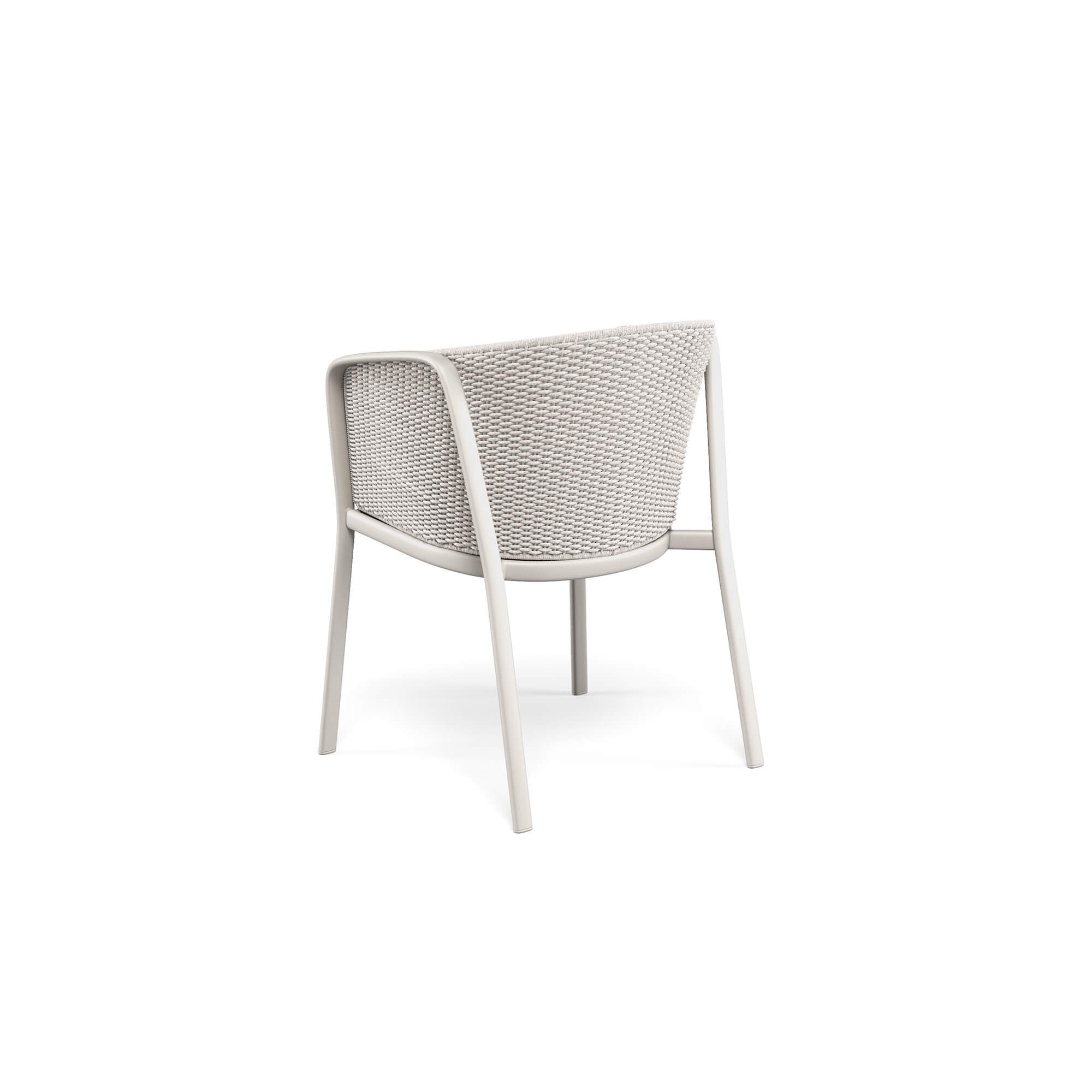 Back view of the Minimal Flat Rope Garden Armchair in white aluminium and woven rope, showcasing intricate craftsmanship | EMU Carousel
