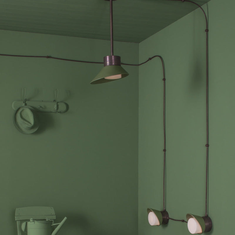 Modern green interior with Toscot pendant and wall lights | luxury home lighting setup | custom indoor and outdoor lighting | Toscot Chapeau