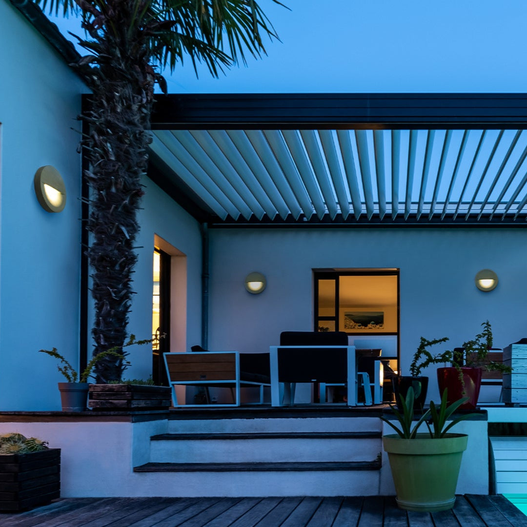 Circular Outdoor Wall Lights on Poolside Terrace | Luxury Exterior Lighting | Concrete Disc Wall Light | 9010 Levico Wall