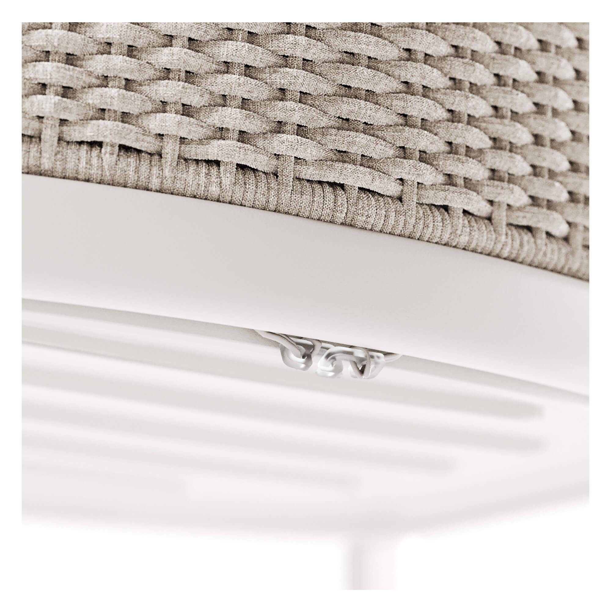 Close-up of the rope and aluminium frame detail on the Minimal Flat Rope Garden Armchair, highlighting premium craftsmanship and durability | EMU Carousel