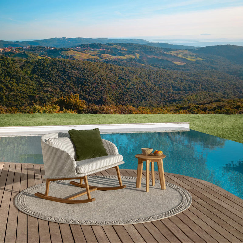 Elegant Teak Rocking Armchair | Luxury Outdoor Wooden Rocker | Weather-Resistant Fabric | Poolside Patio Seating | Talenti CleoSoft