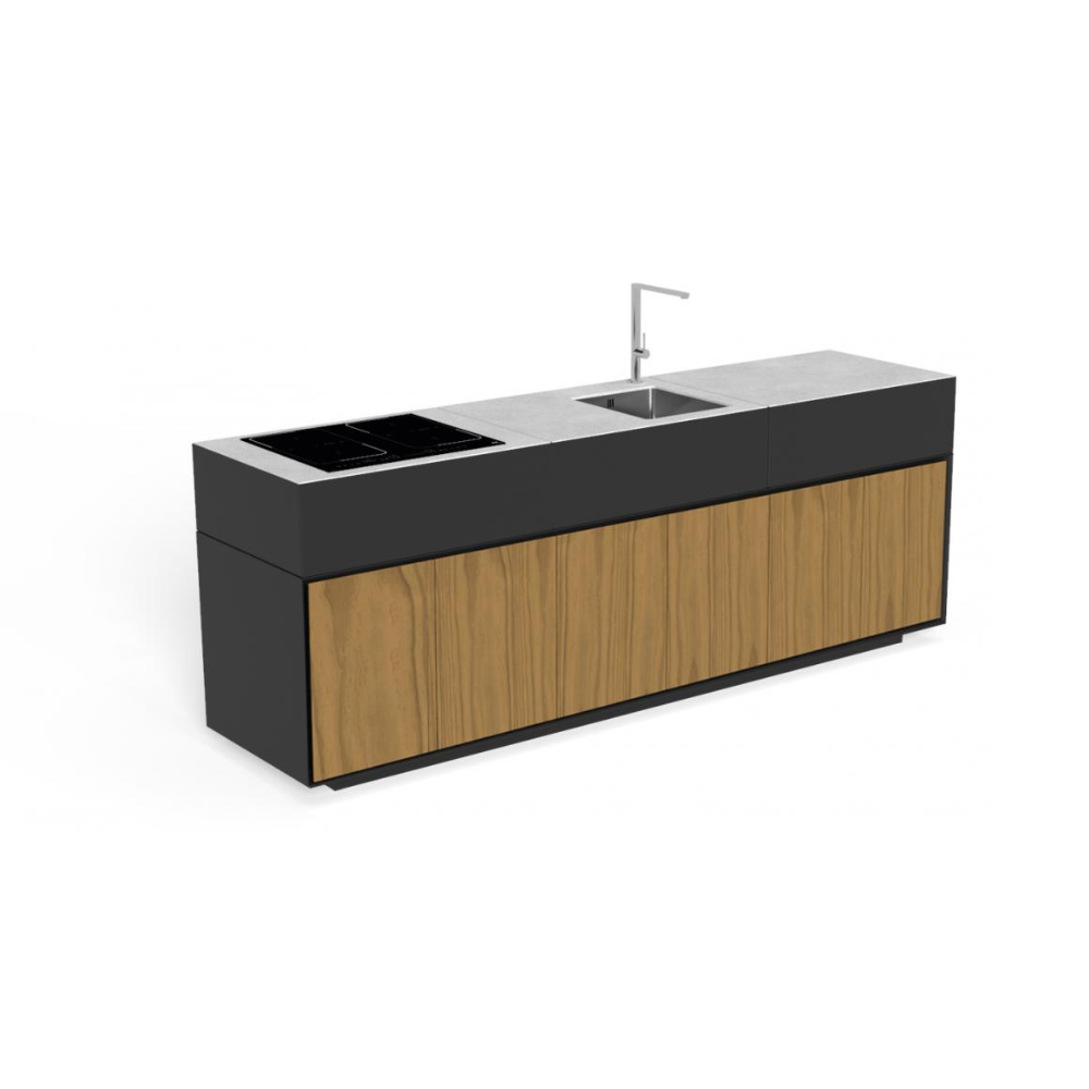 High End Customisable Kitchen with Black and Teak Finish | Luxury Outdoor Kitchen | High-Quality Outdoor Cooking Area | Modern Outdoor Kitchen | Tikal by Talenti