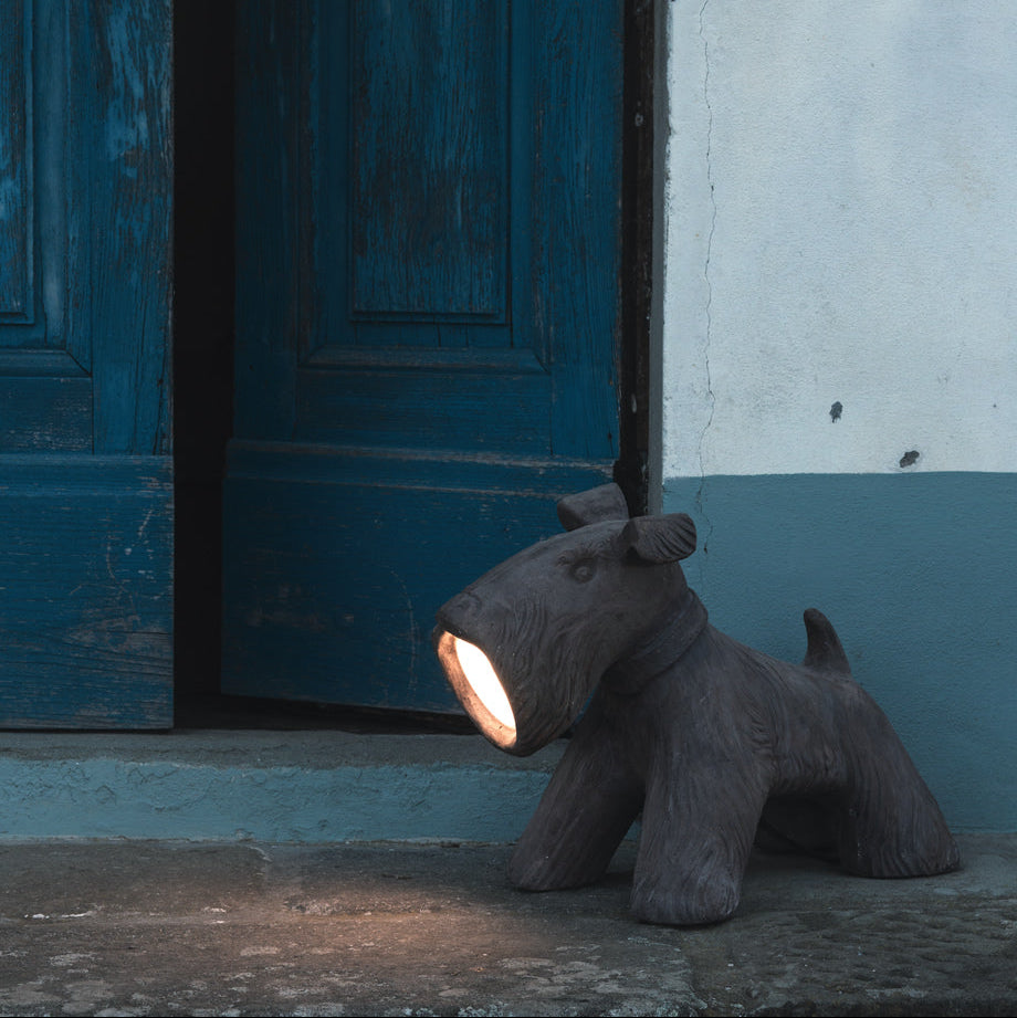 Decorative Scottish Terrier Floor Light in dark grey | High-end outdoor dog lamp | Italian hand-crafted terracotta dog floor light | Luxury outdoor lighting | Toscot Jules