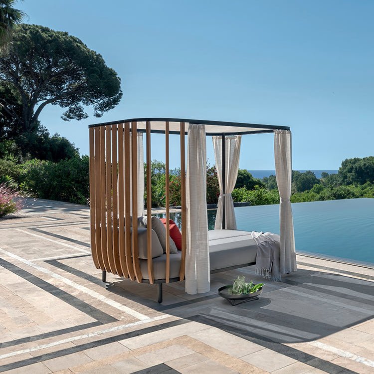 Luxurious Outdoor Daybed with Teak Panels | High-End Outdoor Lounger | Ethimo Swing | Premium Garden Daybed | Luxury Outdoor Living