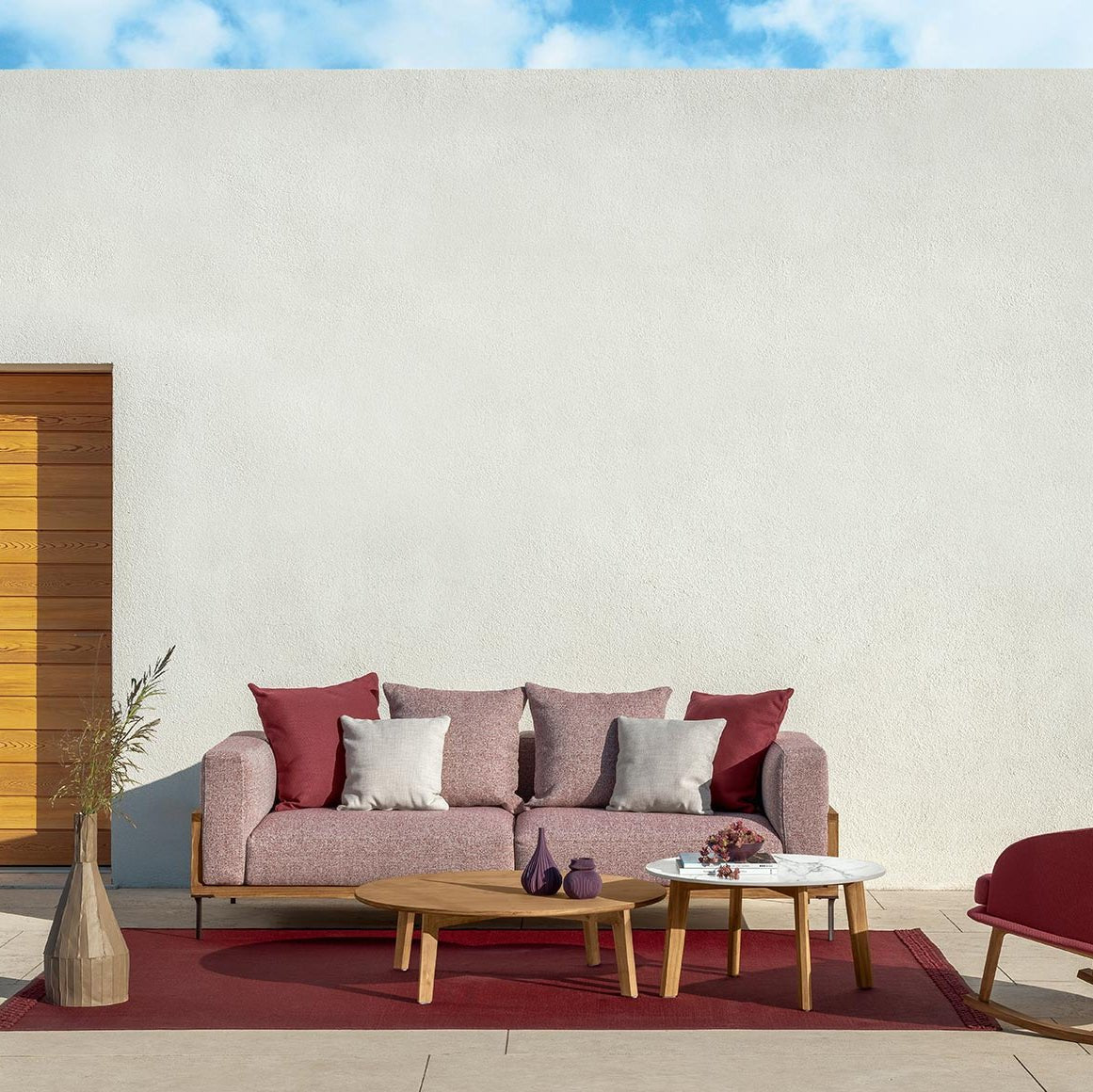 Luxury Outdoor Teak Three-Seater Sofa | Poolside Lounge Setting | Sophisticated Outdoor Design | Talenti CleoSoft