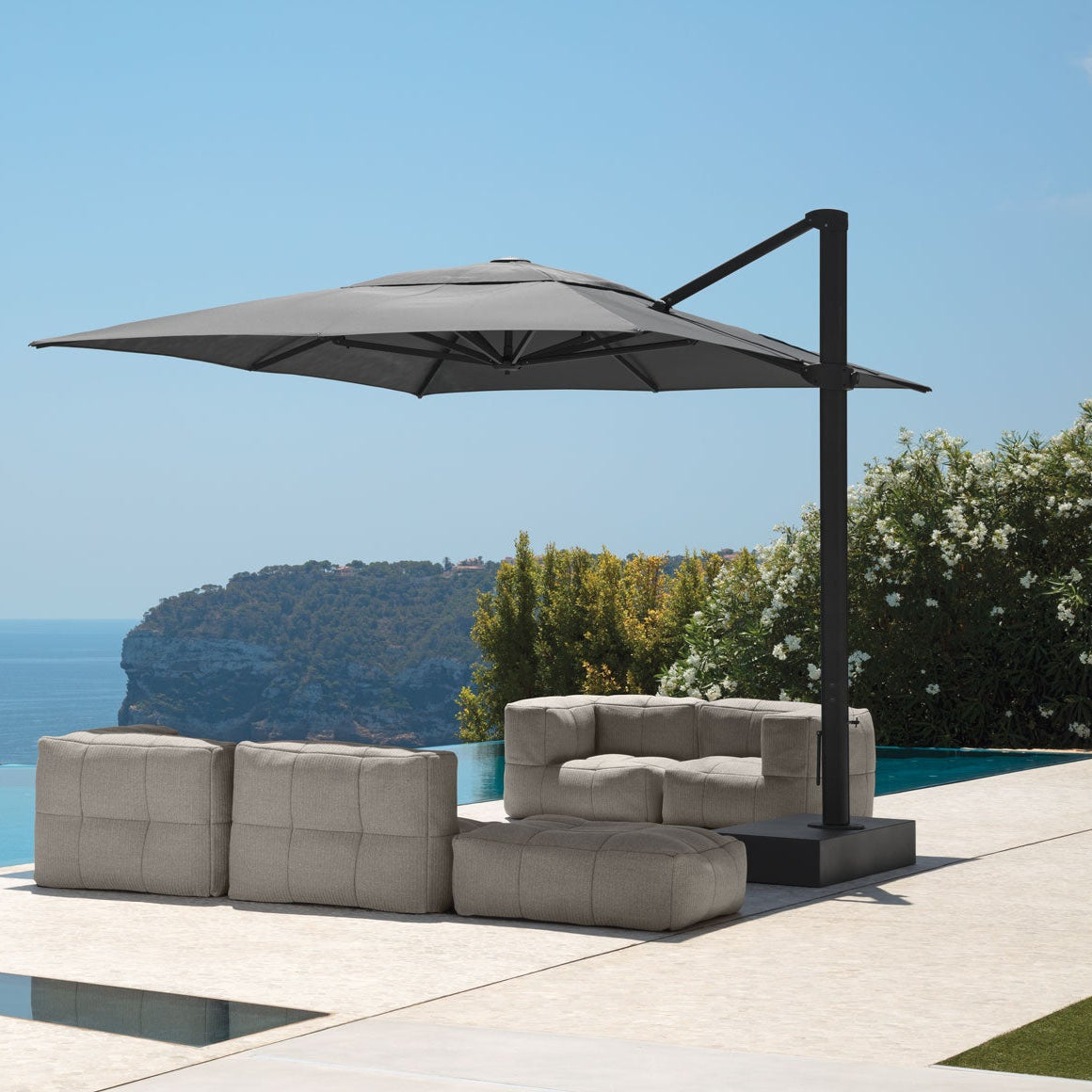 Luxury Poolside Setup with Cantilever Umbrella in Graphite | High-End Outdoor Shade | Talenti Athena