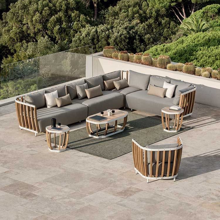 Outdoor Teak Coffee Table in Luxury Patio Setup | High End Outdoor Furniture Set | Ethimo Swing Collection