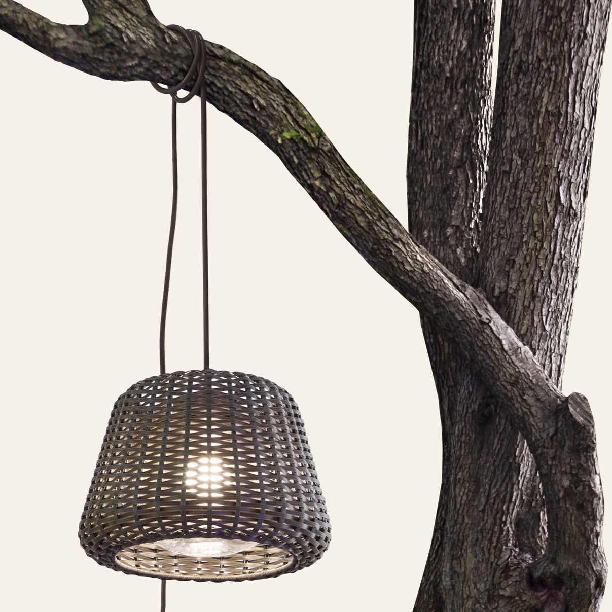 Outdoor Rattan Pendant Light Hanging from Tree Branch | Flexible Exterior Lighting | Panzeri RALPH