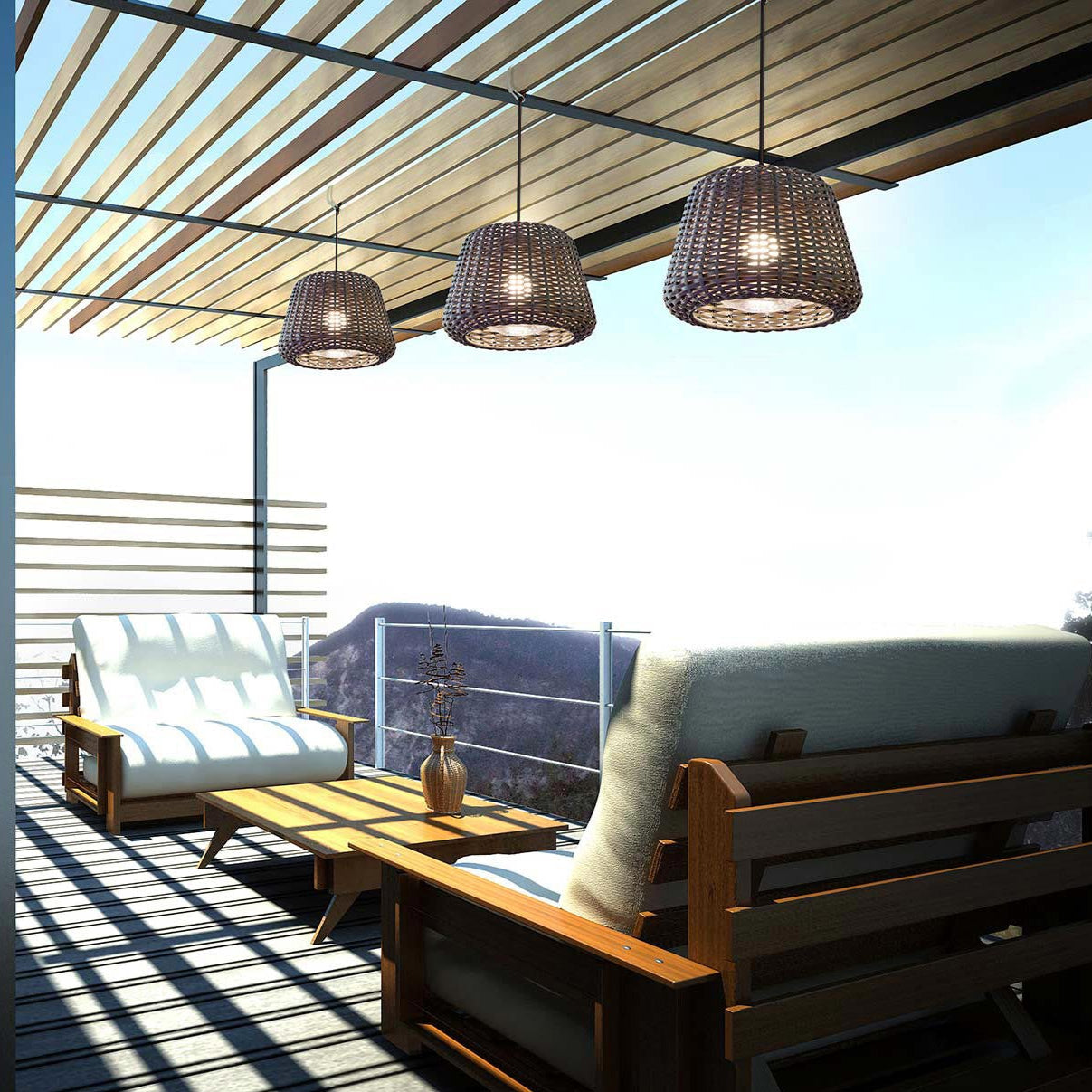 Outdoor Rattan Pendant Lights Under Pergola | Small and Medium Sizes | Modern Garden Setup | Panzeri RALPH