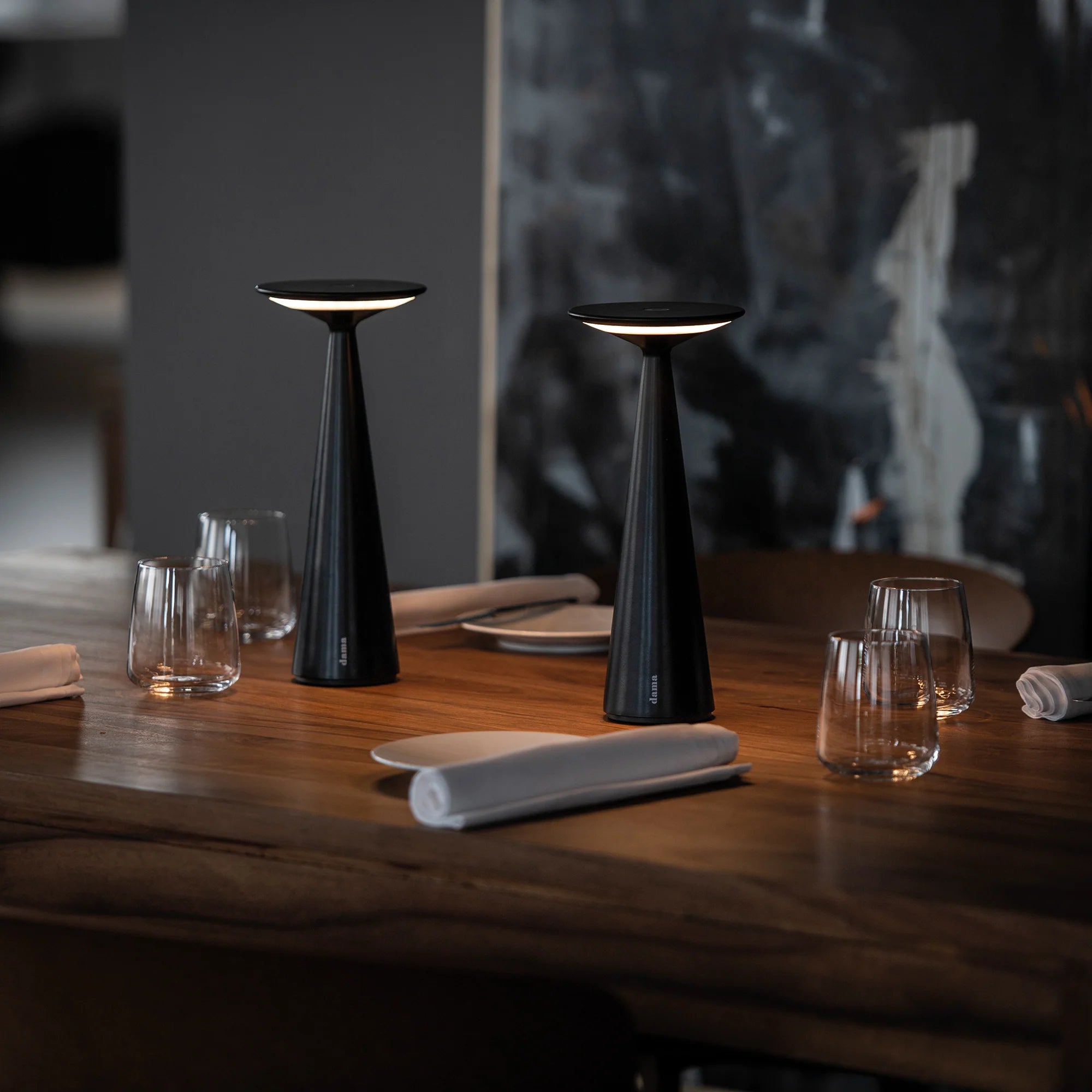 Pair of Rechargeable LED Table Lamps | Zafferano Dama Black | Restaurant Table Lighting | Aluminium Body