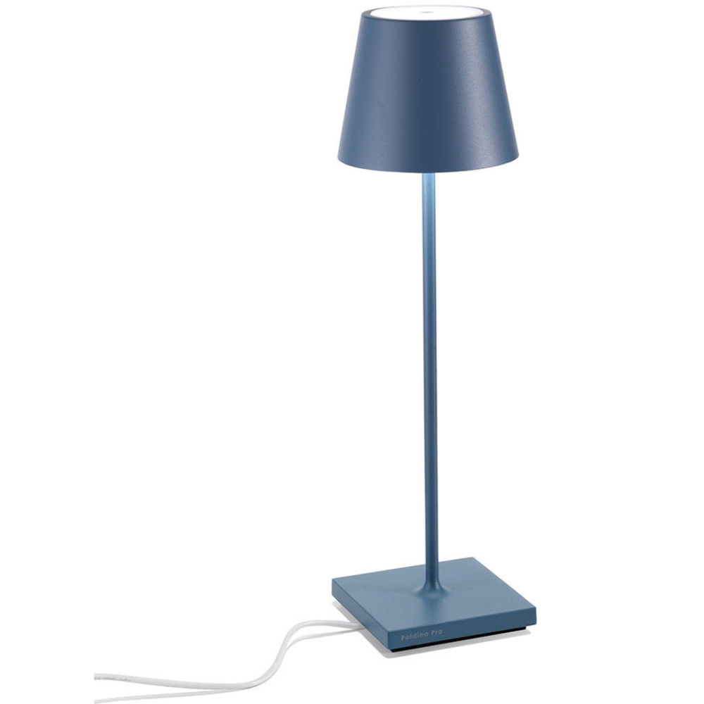 Sleek Outdoor Cordless Table Lamp | luxury Italian design wireless table lighting | blue finish | Zafferano Poldina