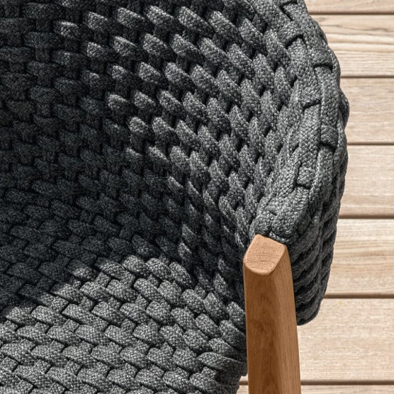 Close-Up of Handwoven Rope Detail on Luxury Outdoor Dining Chair | High-End Woven Chair with Teak Frame | Designed and Made in Italy by Ethimo Knit