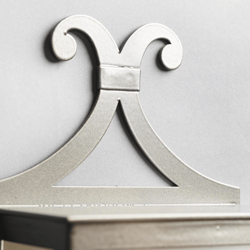 Decorative scrollwork detail on the IP54 rated outdoor wall lantern | Luxury metal garden light | Designed and Made in Italy by Officina Ciani