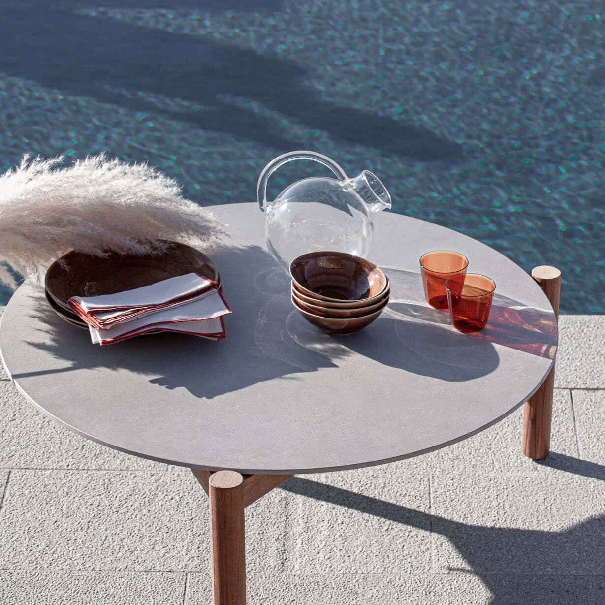 Luxury Round Outdoor Coffee Table in Greige | Premium Outdoor Furniture | Weather-Resistant Teak Coffee Table | Designed and Made in Italy | Atmosphera Lodge