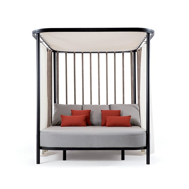 Luxurious Outdoor Daybed with Teak Panels | Luxury Outdoor Sunbed with Curtains | Ethimo Swing | Designer Outdoor Daybed | High-End Garden Furniture