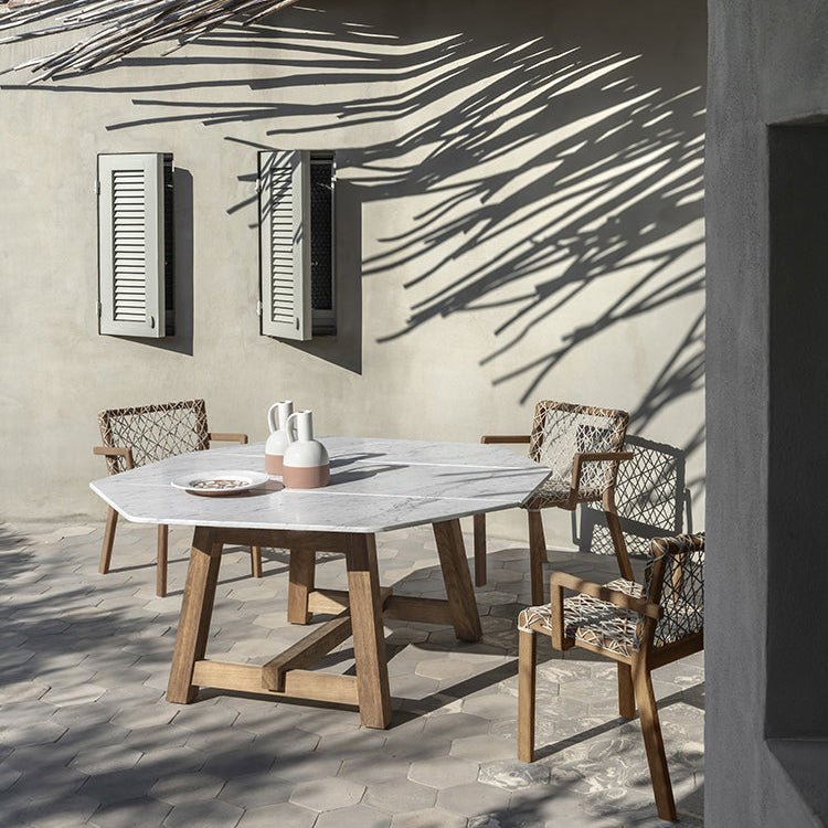 Luxury Octagonal Stone Dining Table | Teak Base & White Marble Top | High-End Outdoor Dining Set | Ethimo Rafael