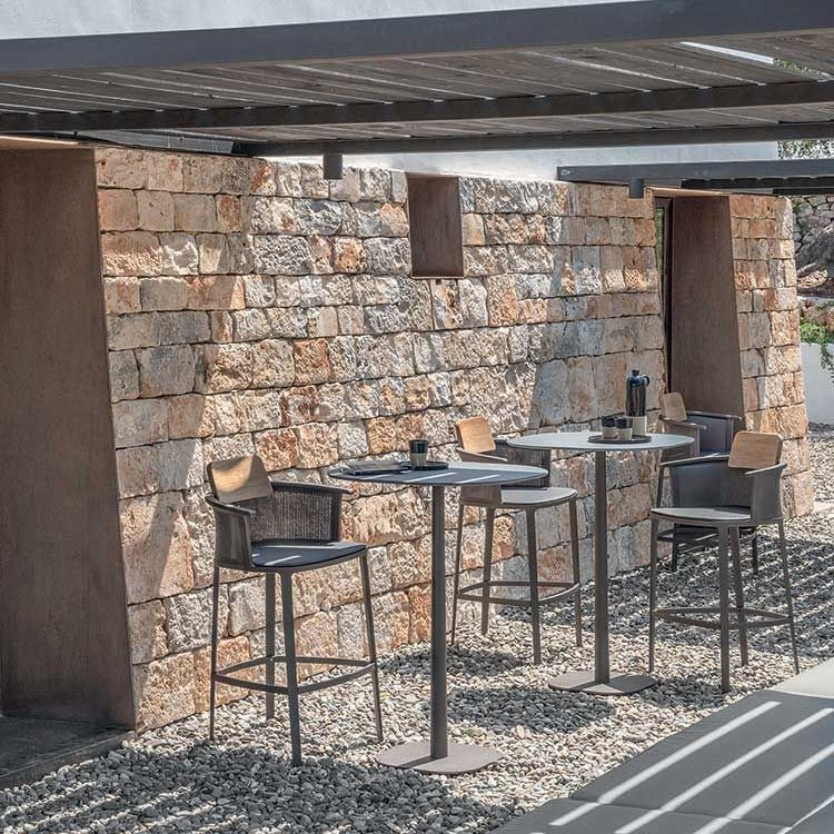 Luxury Outdoor Bar Table with Matching High Stools | Elegant Aluminium and Teak Design | Perfect for Terrace and Poolside Settings | Ethimo Enjoy