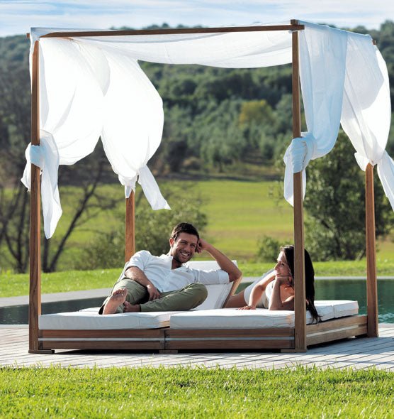 Luxury Outdoor Teak Daybed with Canopy | Double Sun Lounger with Adjustable Backrest | Elegant Poolside Daybed | Designed and Made in Italy | Ethimo Essenza