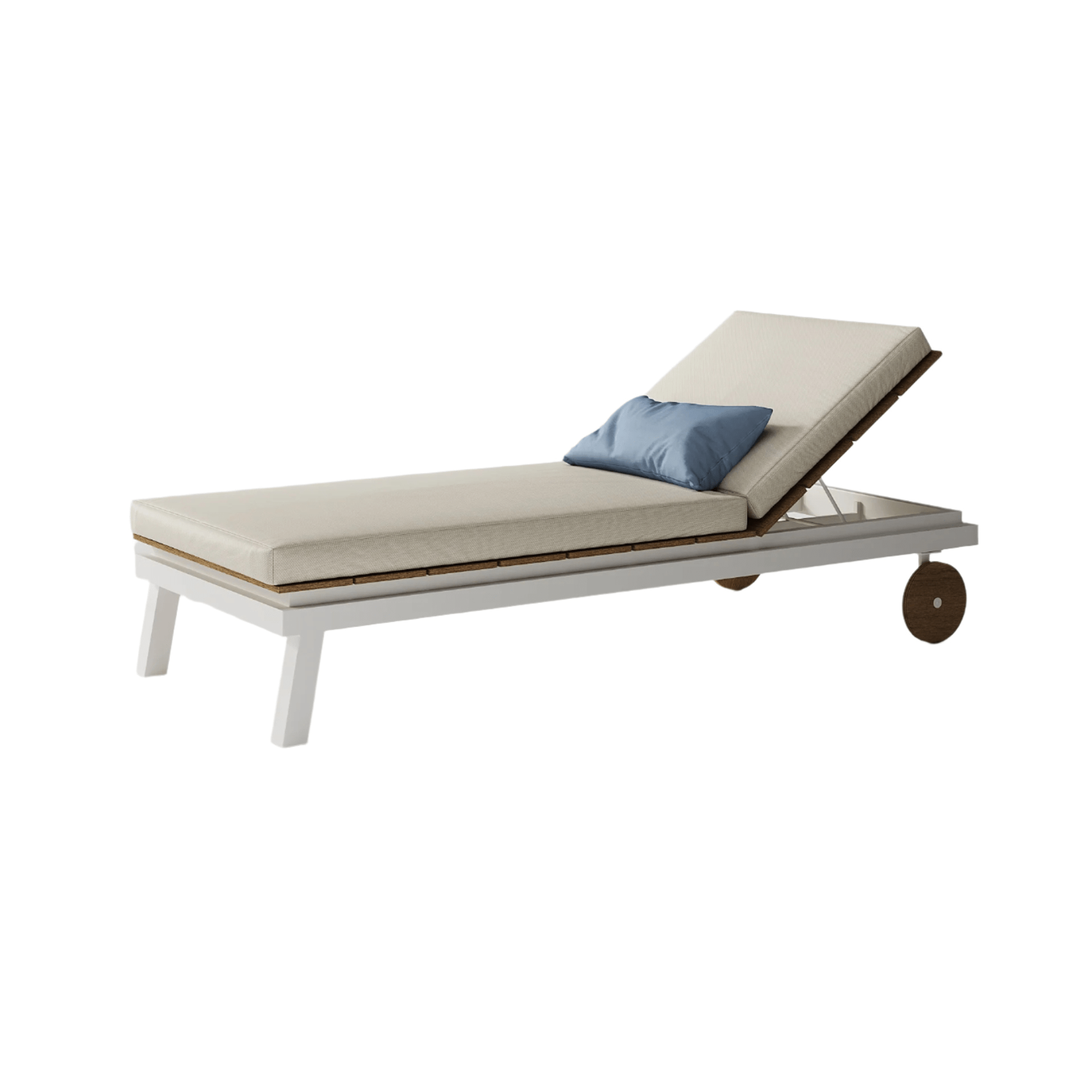 Minimalist aluminium sunbed with wooden accents and wheels | Italian outdoor chaise lounge | Braid Tecla