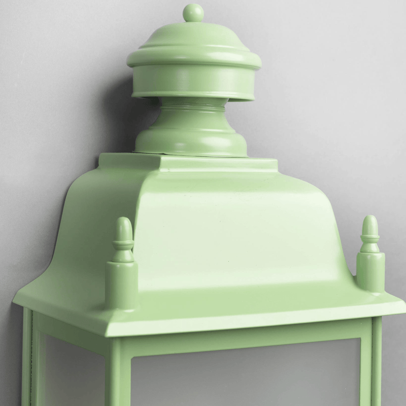 Detailed View of Mint Green Lantern | Classic Outdoor Wall Light | Durable Frosted Glass Panels