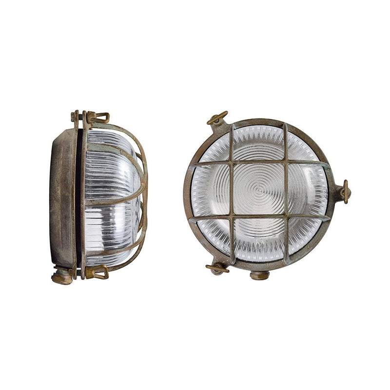 Contemporary Circular Metal Caged Wall Sconce | Moretti Luce Tortuga | Antique Copper-Plated Brass Outdoor Wall Light | Designed and Made in Italy