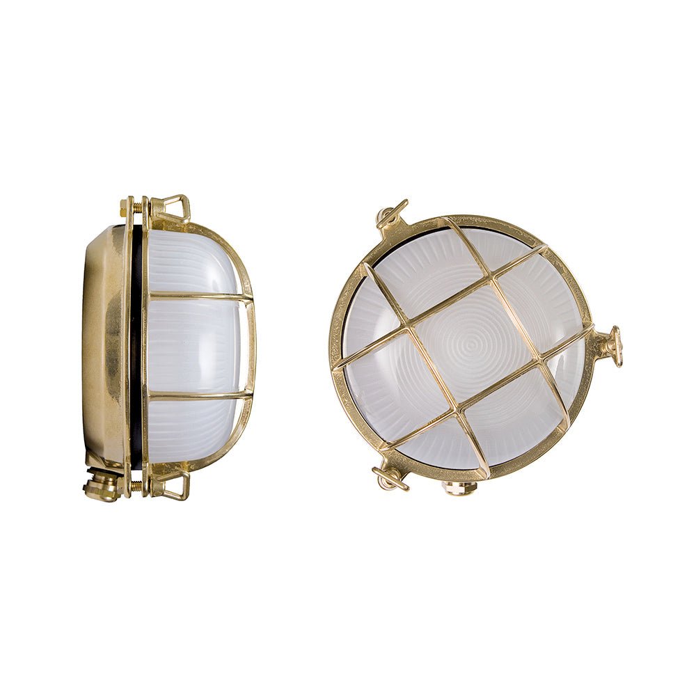 Contemporary Circular Metal Caged Wall Sconce | Moretti Luce Tortuga | High-End Brass Outdoor Wall Light with Glass Diffuser | Designed and Made in Italy