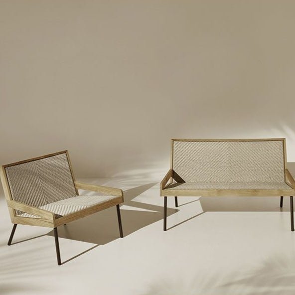 Neutral Woven Teak 2 Seater Sofa Set | Luxury Outdoor Teak Furniture | High End Woven Outdoor Seating Set | Designed and Made in Italy | Ethimo Allaperto Nautic