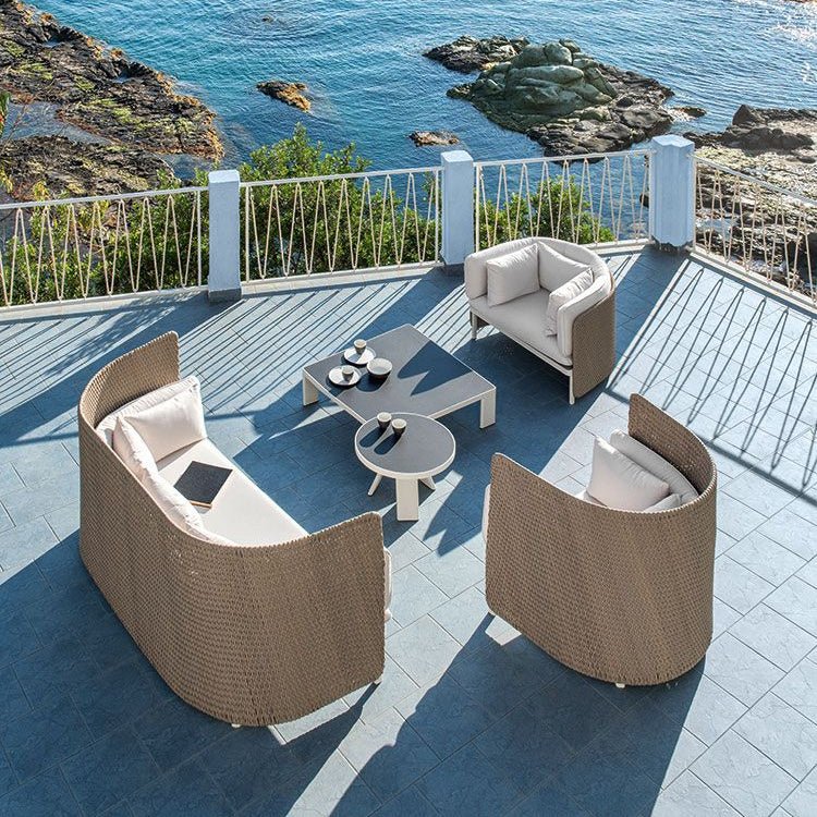 Outdoor Lounge Armchair with Woven Backrest | High-End Outdoor Seating | Luxury Garden Lounging Set | Designed and Made in Italy | Ethimo Esedra