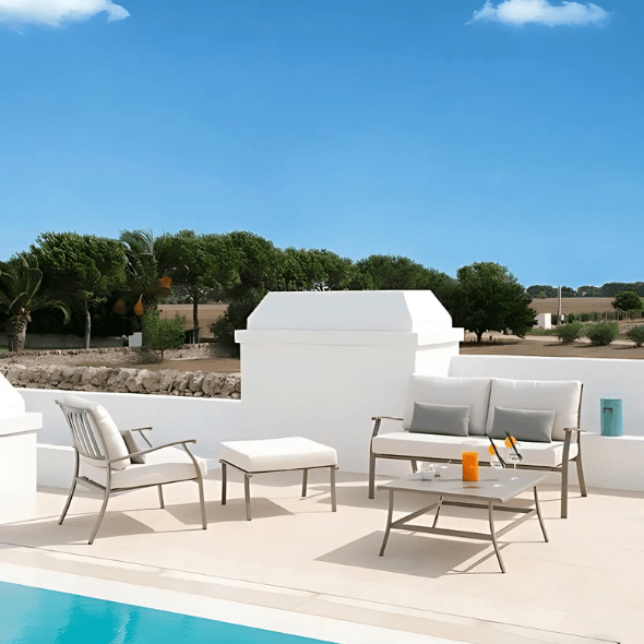 Outdoor Seating Area with Poolside 2-Seater Metal Sofa and Armchairs | High-End Outdoor Furniture | Elegant Outdoor Living