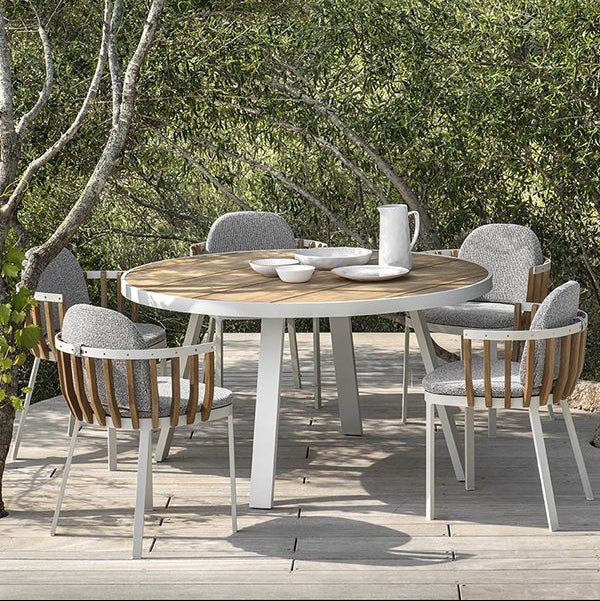 Outdoor Round Teak Dining Table For 6 | Luxury Outdoor Dining Set | High End Teak Table with Matching Chairs | Designed and Made in Italy | Ethimo Swing