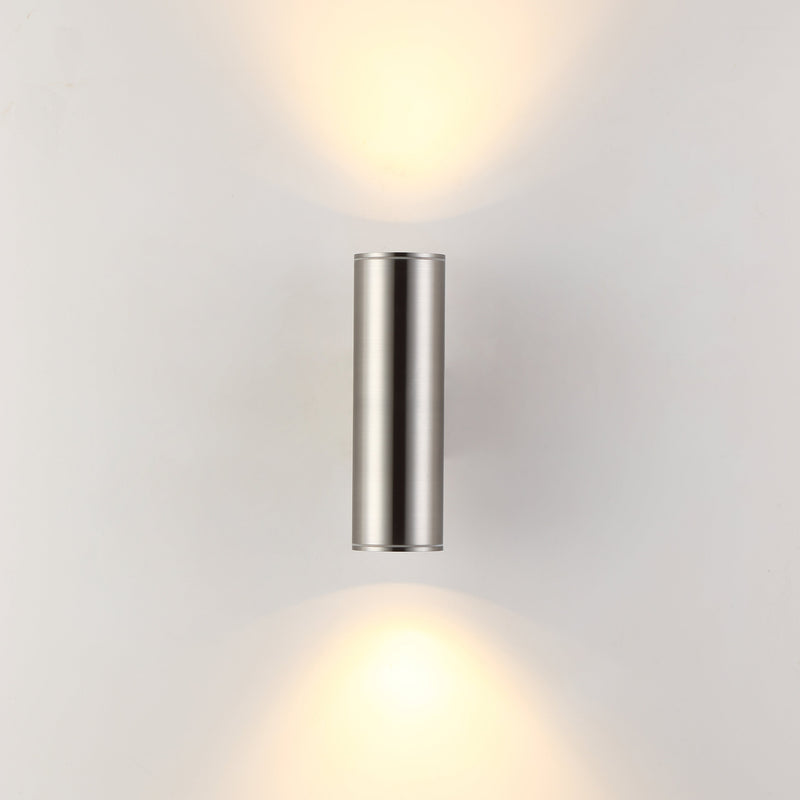 Silver Outdoor Wall Light – Front View | Brushed Steel Modern Tube Light | Luxury Up and Down Exterior Lighting | Avivo Arco