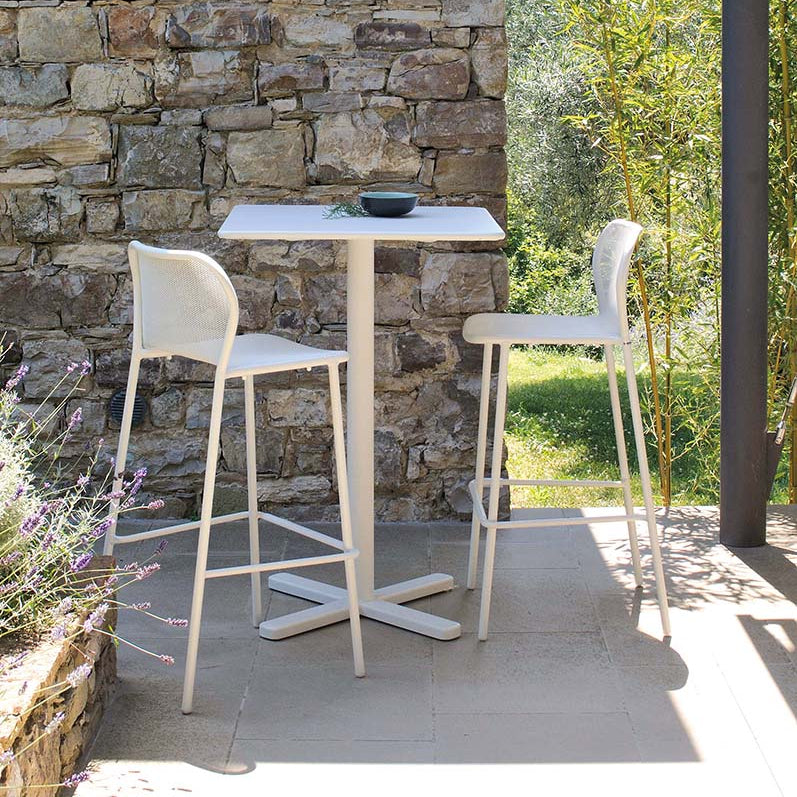 White Mesh Garden Bar Stool with Matching Table in Outdoor Patio Setting | EMU Darwin