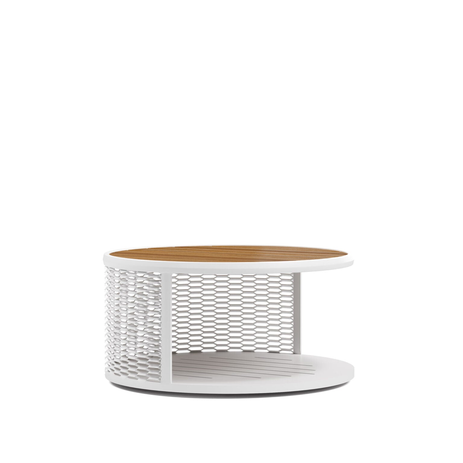 White metal coffee table with teak top | Elegant round outdoor table | Luxury garden furniture | Atmosphera Switch