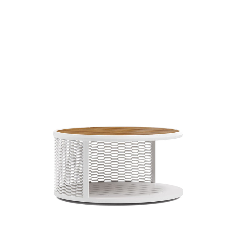 White metal coffee table with teak top | Elegant round outdoor table | Luxury garden furniture | Atmosphera Switch