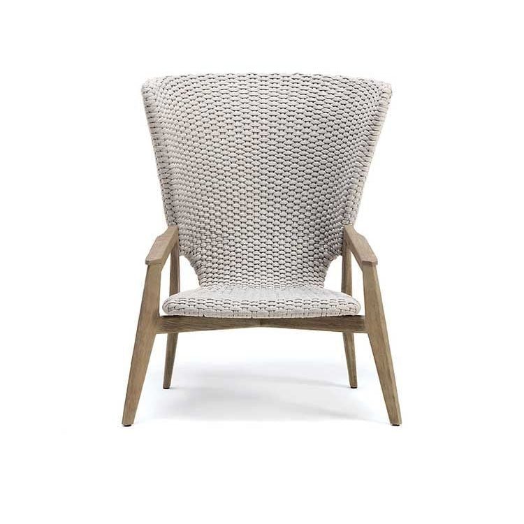 Woven High Back Outdoor Chair in Light Grey | Luxury Patio and Garden Seating | Designer Teak and Rope Lounge Chair | Designed and Made in Italy