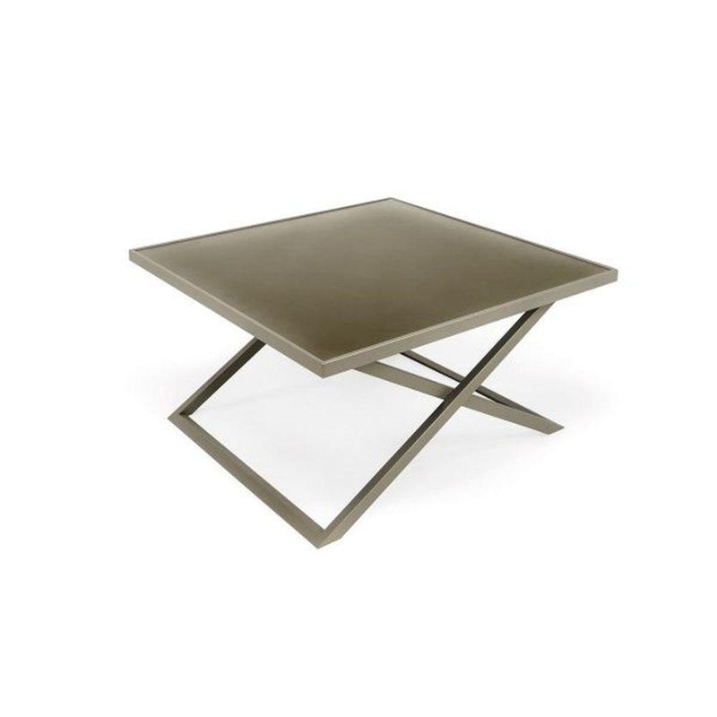 Simplistic Aluminium Outdoor Side Table | exterior minimal high end Italian garden table | aluminium and rattan | silver shimmer