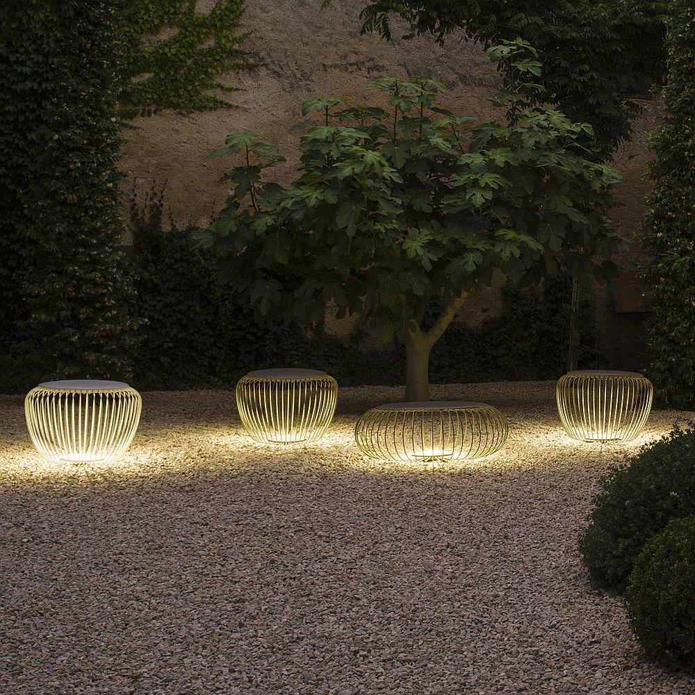 Metal Circular Caged Floor Light | Outdoor Multi functional Light Up Side Table Made in Spain