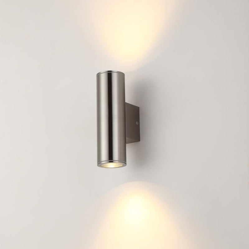 Silver outdoor wall light with brushed steel finish | modern up-down exterior lighting | Avivo Arco