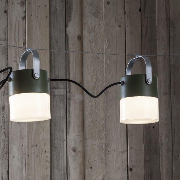 Modern Exterior Lantern String Light | modern metal string light | exterior wall socket | string light steel cable